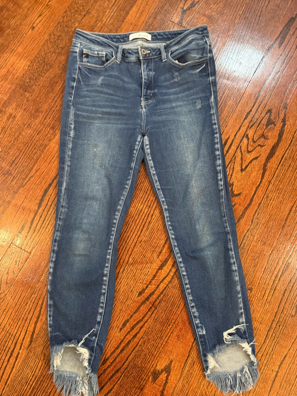 KanCan Women's Dark Blue Distressed cropped Skinny Jeans with Frayed Hems Sz 30